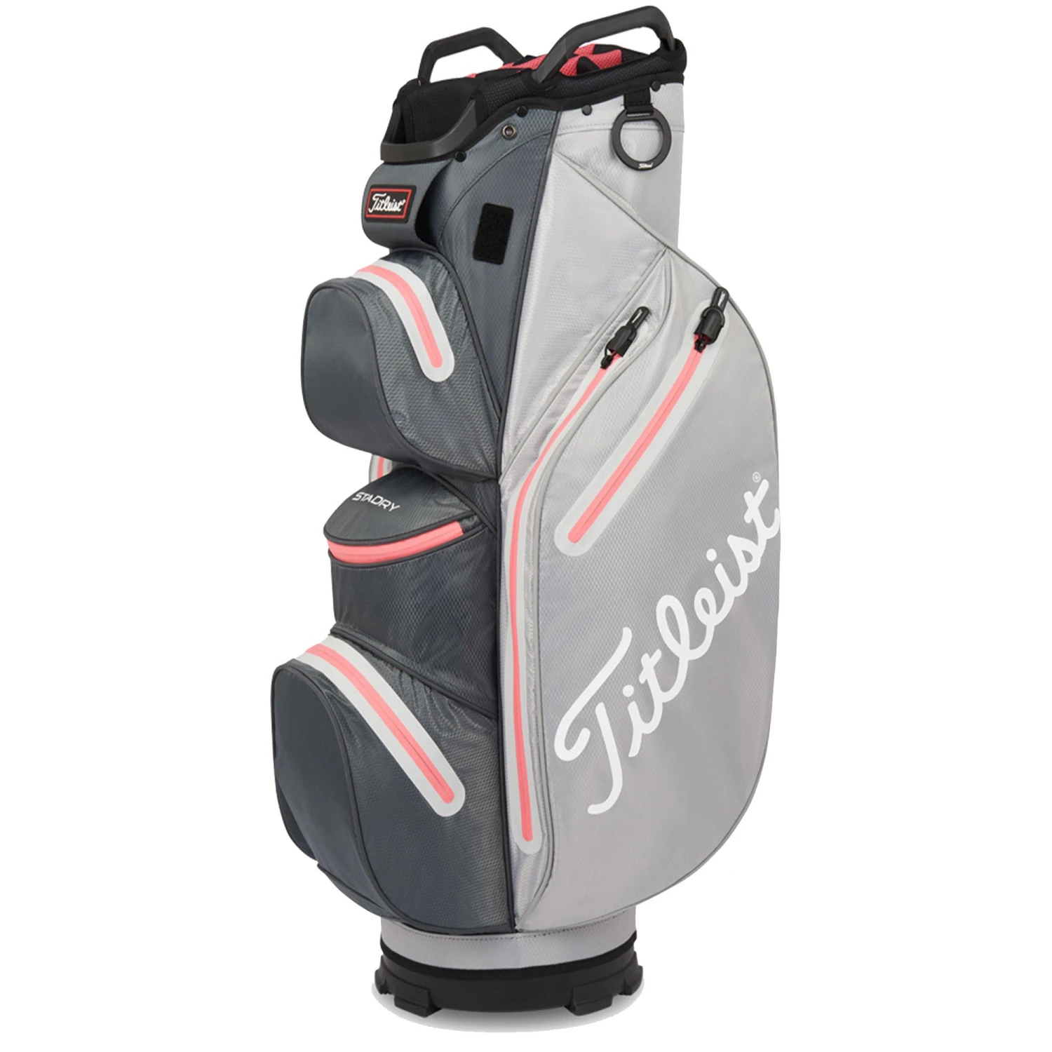 Titleist StaDry Waterproof 14 Way Golf Cart Bag - Grey/Charcoal/Coral 1 Titleist StaDry Waterproof 14 Way Golf Cart Bag - Grey/Charcoal/Coral